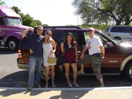 A photo of Veit, Evgania, Jennifer and Gary in front of the hire car.