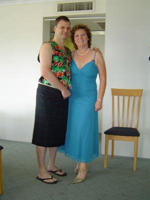 Maureen in her wedding outfit next to me with the kilt